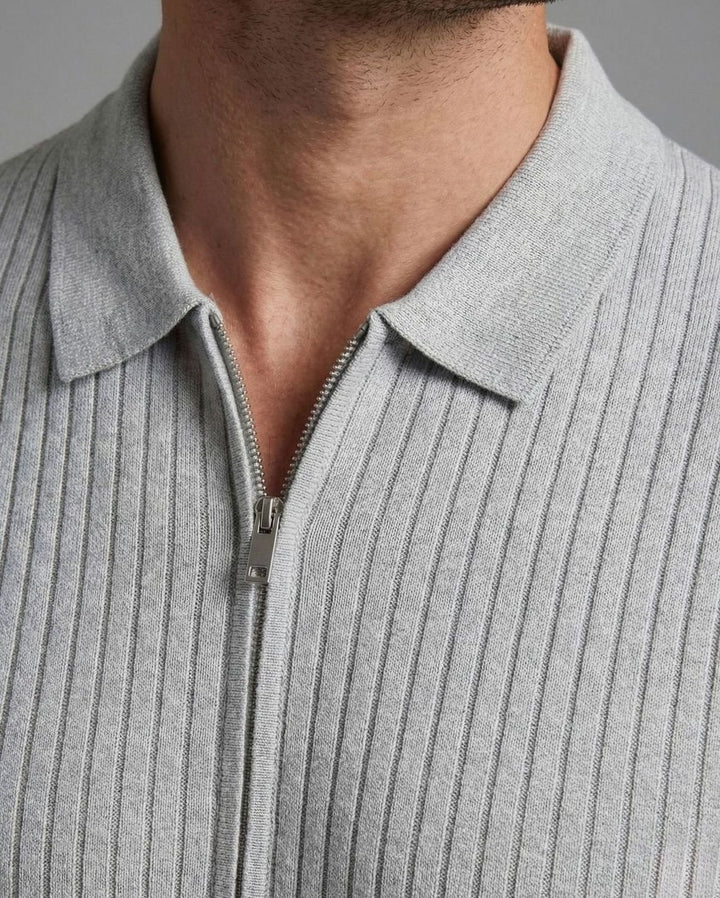 Men's Slim-Fit Ribbed Zip-Up Short Sleeve Polo Shirt
