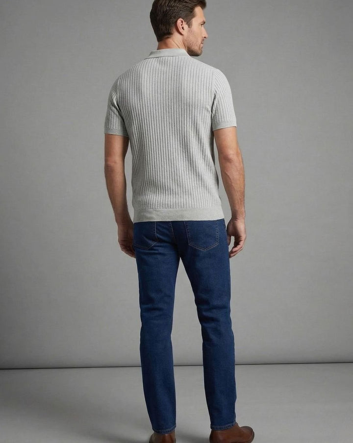 Men's Slim-Fit Ribbed Zip-Up Short Sleeve Polo Shirt