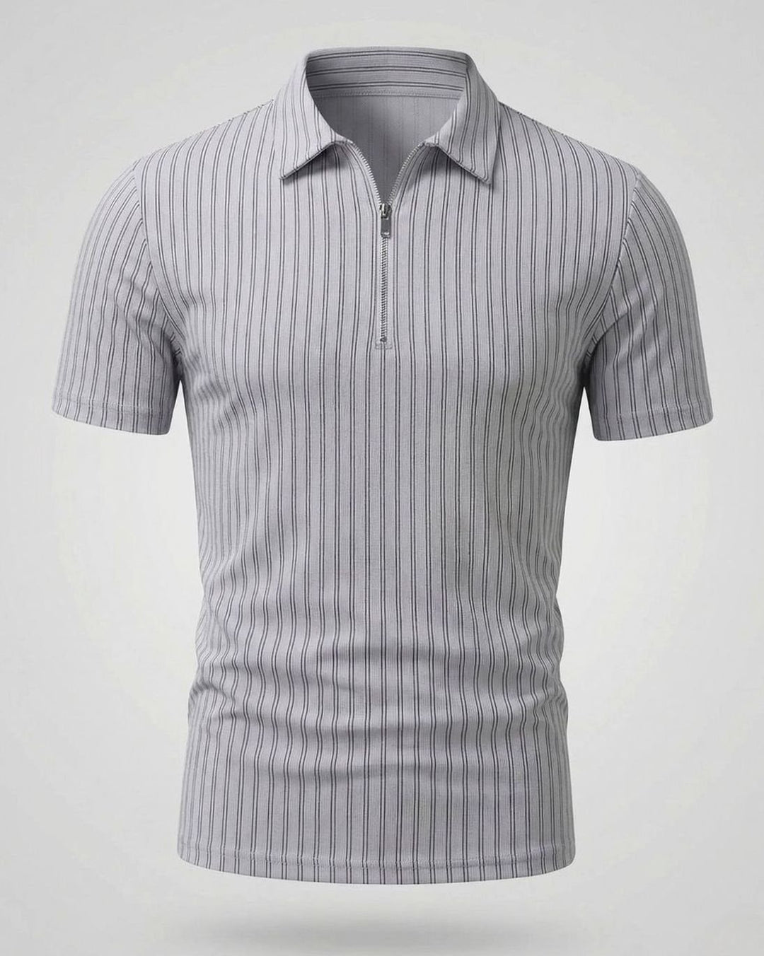 Men's Slim-Fit Ribbed Zip-Up Short Sleeve Polo Shirt - Gray