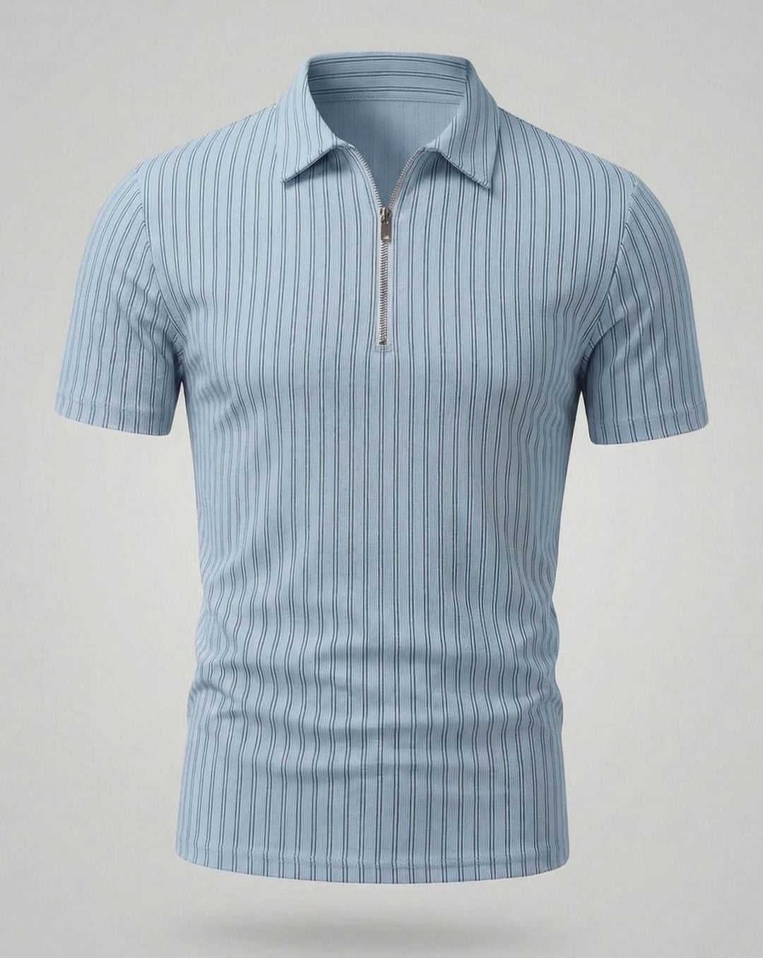Men's Slim-Fit Ribbed Zip-Up Short Sleeve Polo Shirt - Light Blue