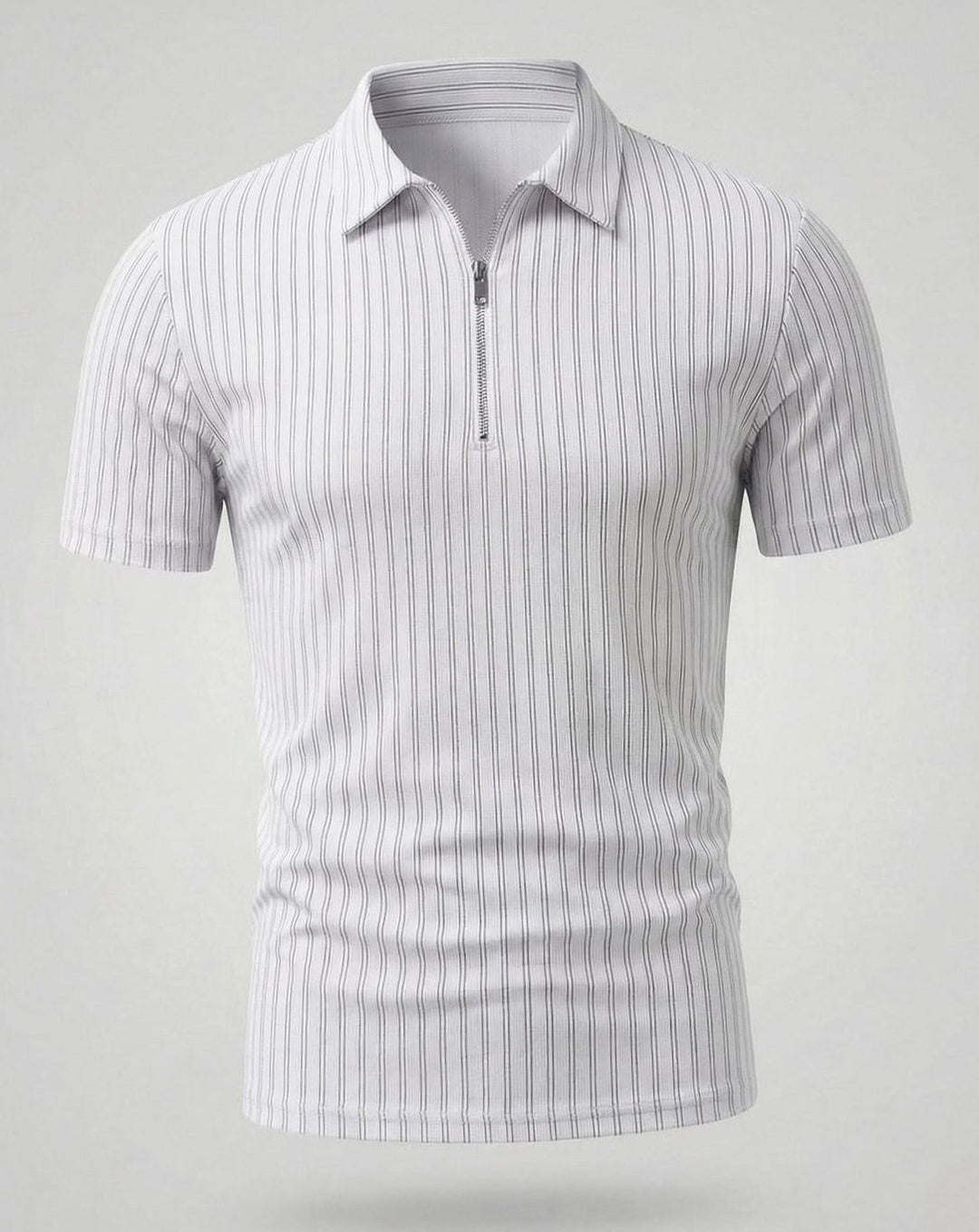 Men's Slim-Fit Ribbed Zip-Up Short Sleeve Polo Shirt - White