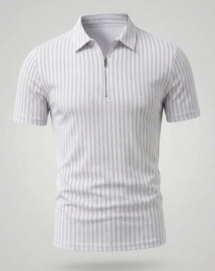 Men's Slim-Fit Ribbed Zip-Up Short Sleeve Polo Shirt - White