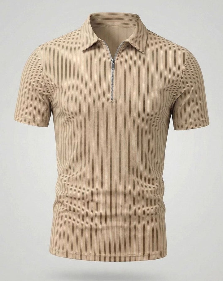 Men's Slim-Fit Ribbed Zip-Up Short Sleeve Polo Shirt - Khaki