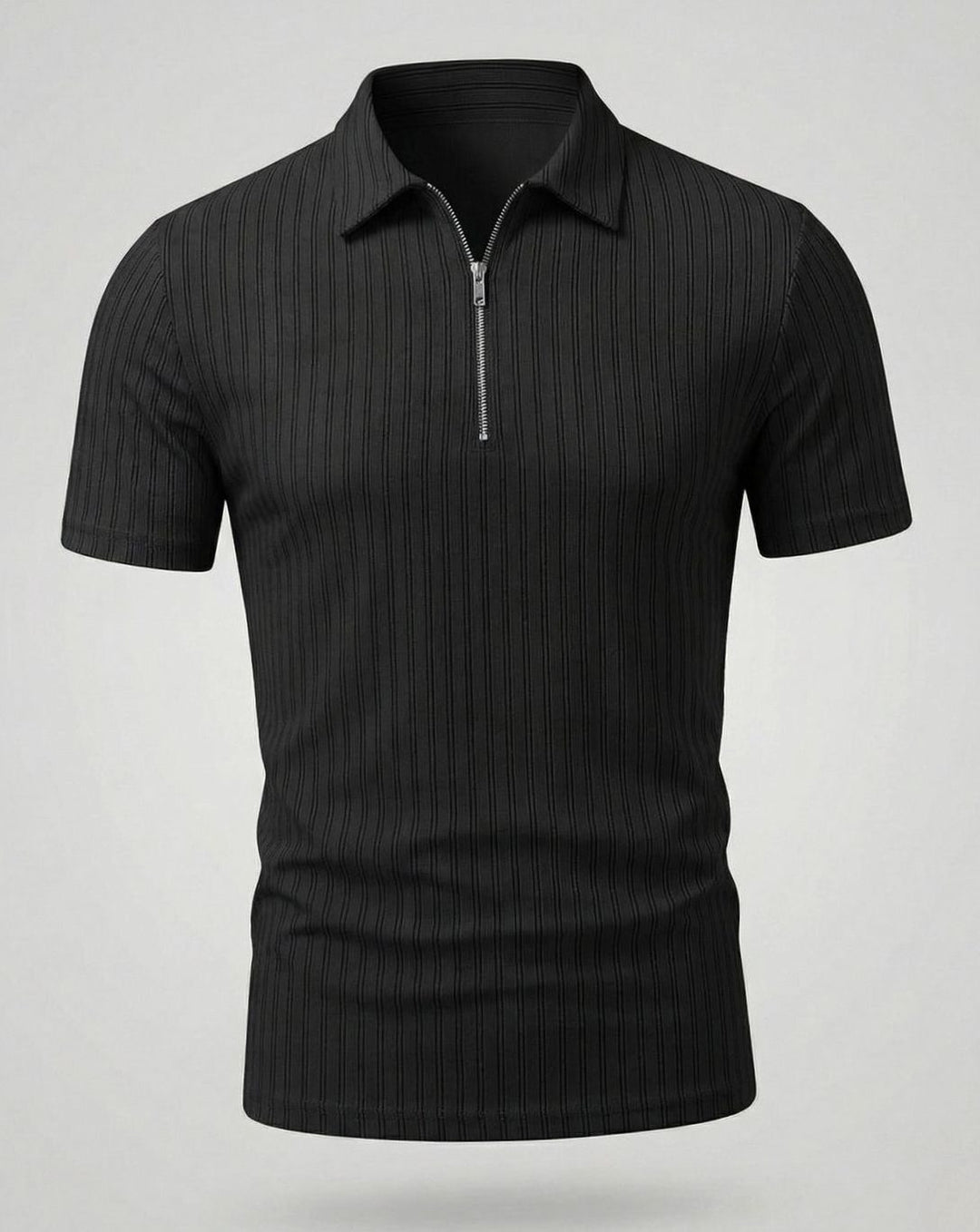 Men's Slim-Fit Ribbed Zip-Up Short Sleeve Polo Shirt - Black