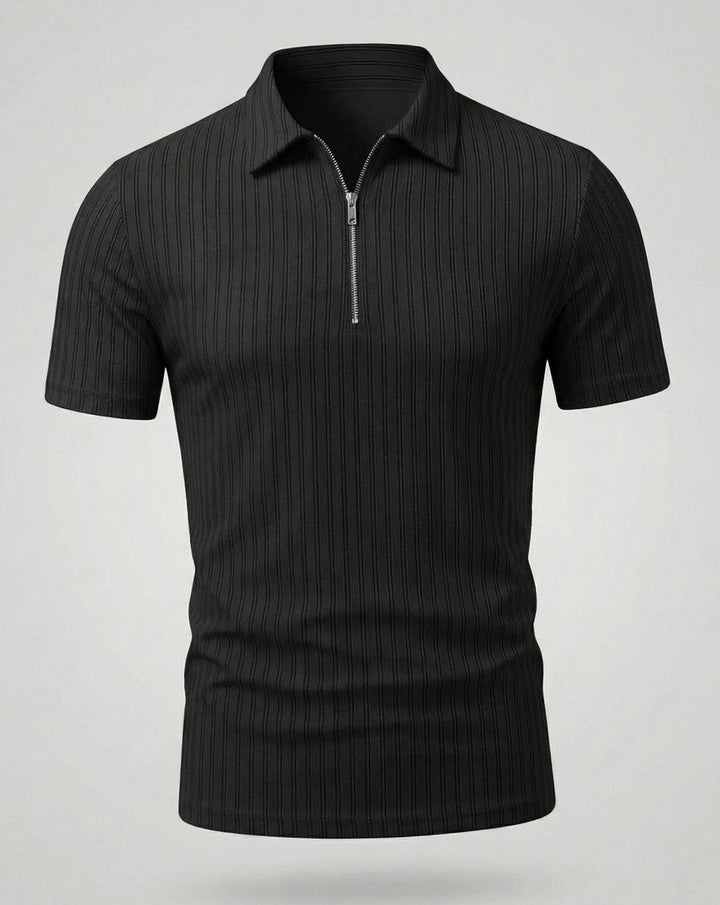 Men's Slim-Fit Ribbed Zip-Up Short Sleeve Polo Shirt - Black