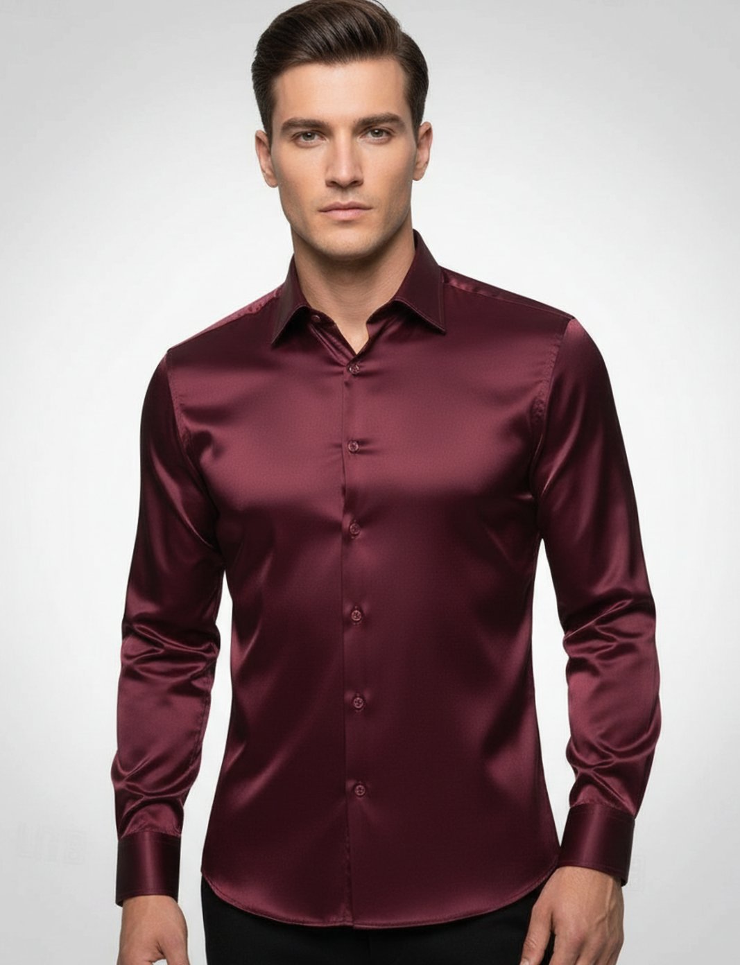 Men's Slim-Fit Satin Dress Shirt Italian Collar Long Sleeve