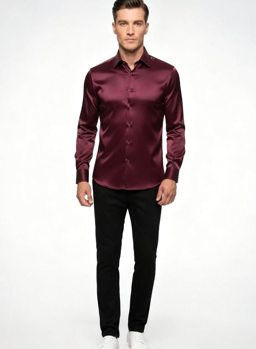 Men's Slim-Fit Satin Dress Shirt Italian Collar Long Sleeve