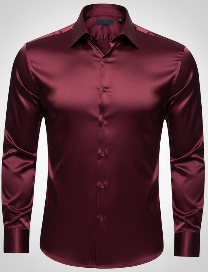 Men's Slim-Fit Satin Dress Shirt Italian Collar Long Sleeve