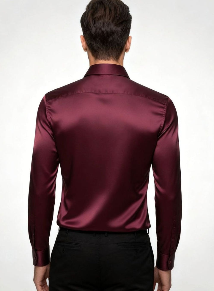 Men's Slim-Fit Satin Dress Shirt Italian Collar Long Sleeve
