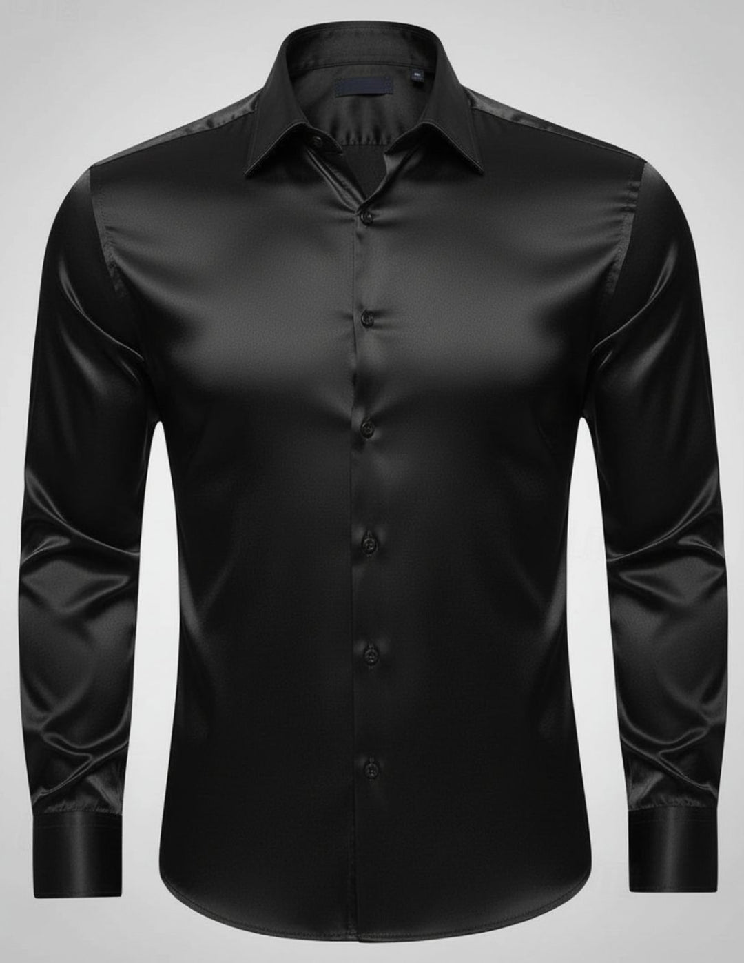 Men's Slim-Fit Satin Dress Shirt Italian Collar Long Sleeve - Black