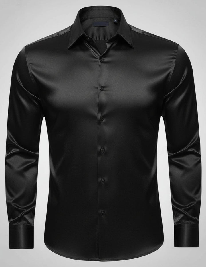 Men's Slim-Fit Satin Dress Shirt Italian Collar Long Sleeve - Black