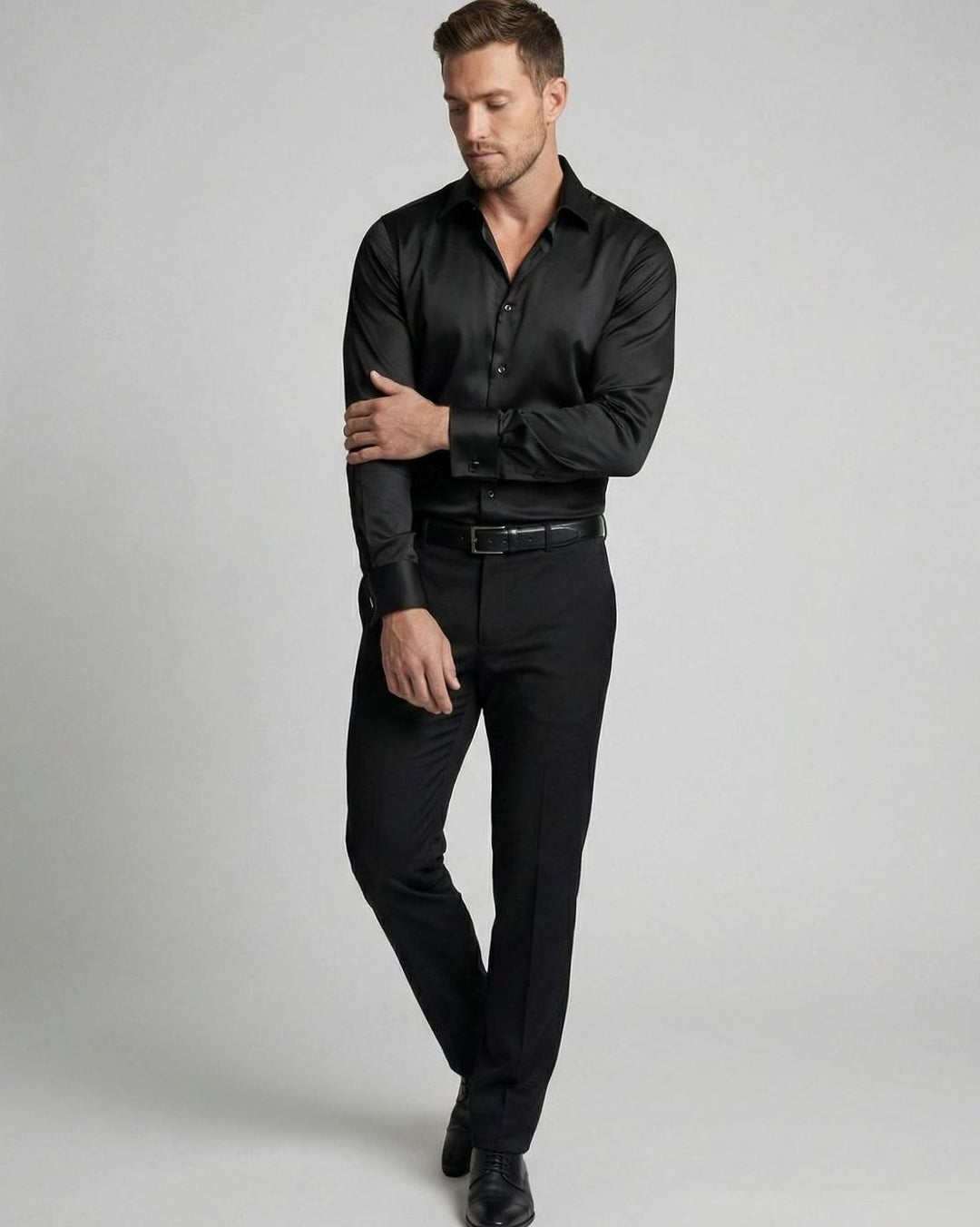 Men's Slim-Fit Satin Dress Shirt Long Sleeve Button-Up