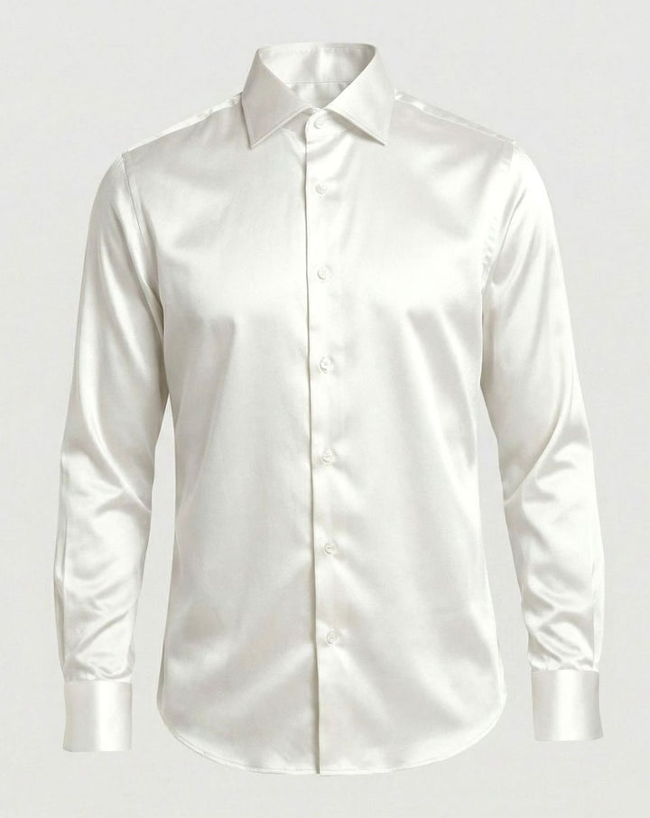 Men's Slim-Fit Satin Dress Shirt Long Sleeve Button-Up - White