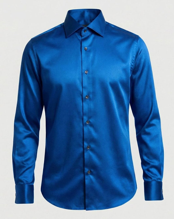 Men's Slim-Fit Satin Dress Shirt Long Sleeve Button-Up - Blue