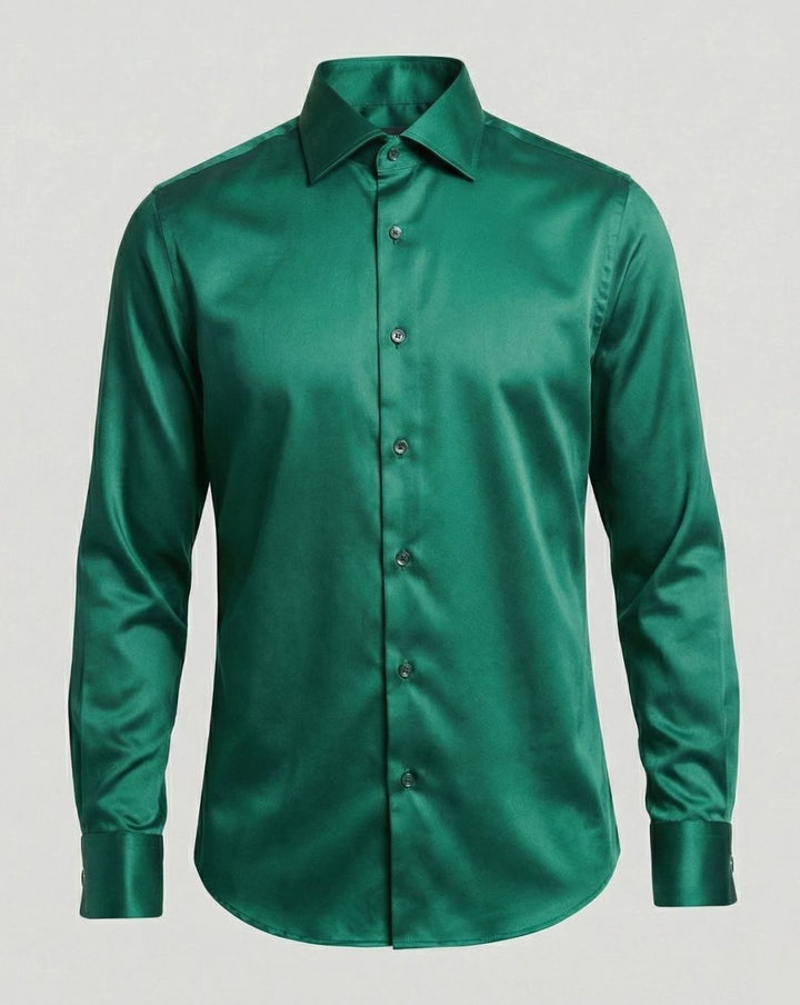 Men's Slim-Fit Satin Dress Shirt Long Sleeve Button-Up - Green