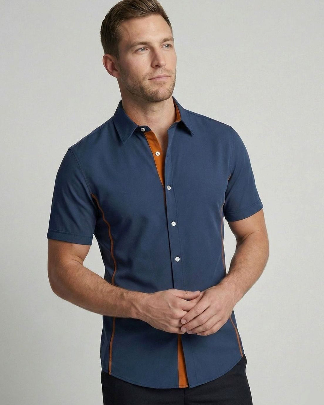 Men's Slim-Fit Short-Sleeve Button-Up Shirt Contrast Trim - Blue