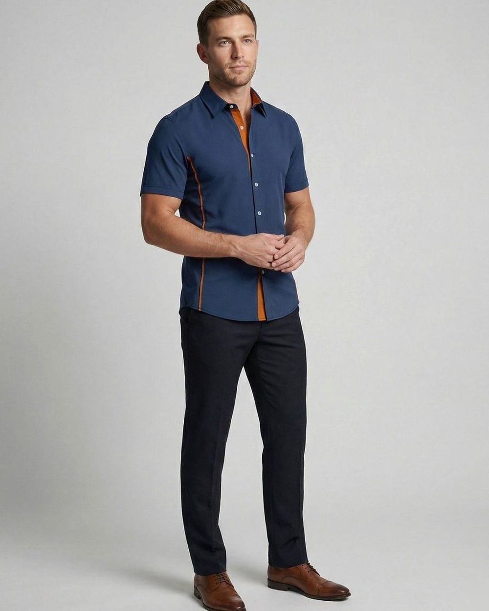 Men's Slim-Fit Short-Sleeve Button-Up Shirt Contrast Trim
