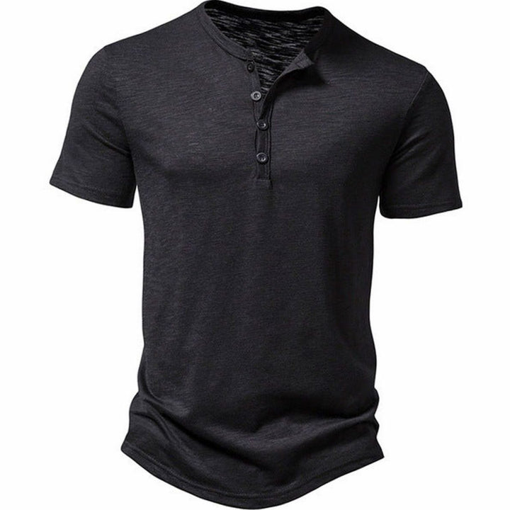 Men's Slim-Fit Short-Sleeve Henley Shirt Button Collar Tee - Black