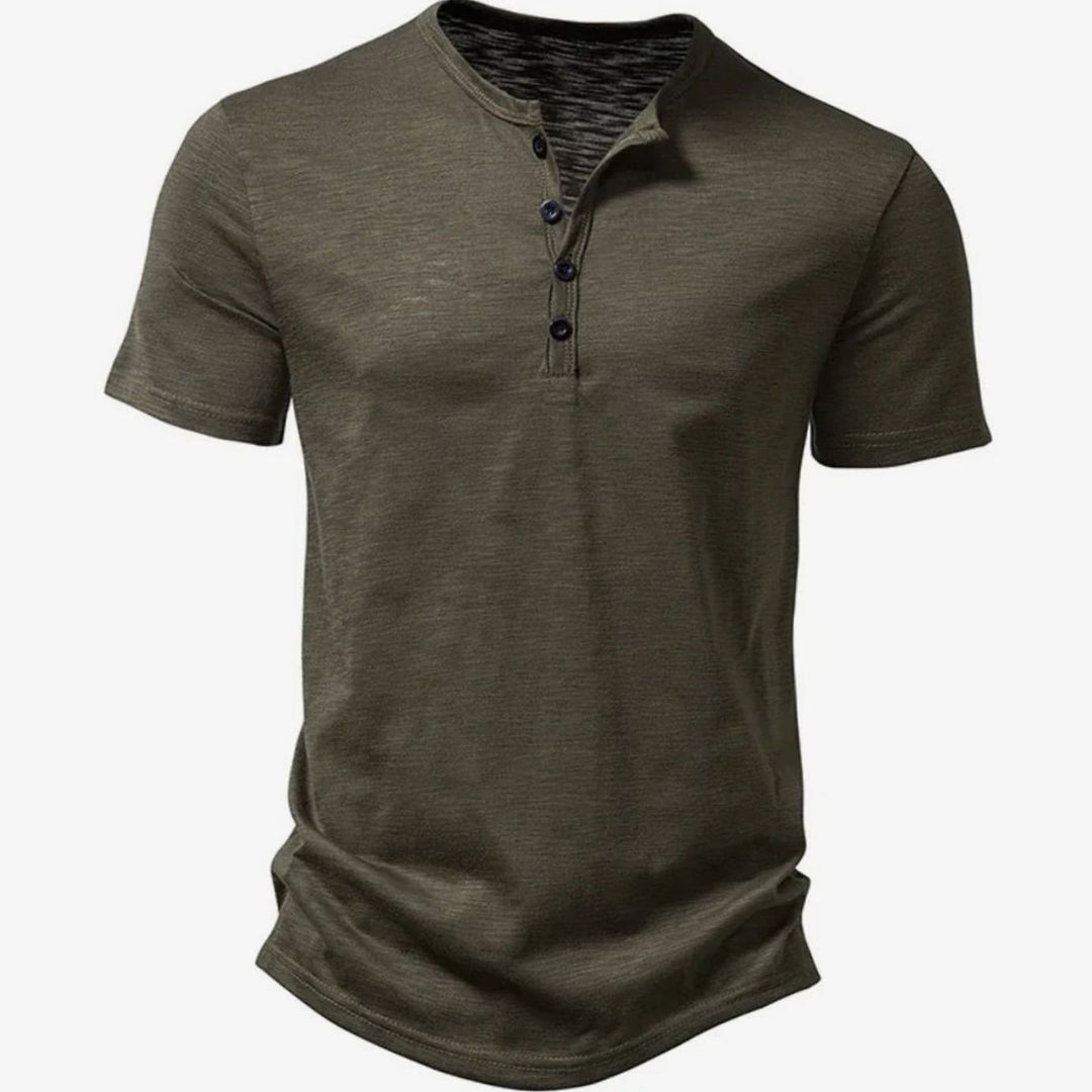 Men's Slim-Fit Short-Sleeve Henley Shirt Button Collar Tee - Army Green