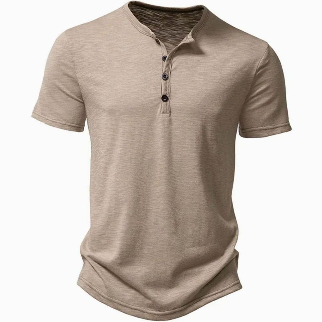 Men's Slim-Fit Short-Sleeve Henley Shirt Button Collar Tee - Khaki