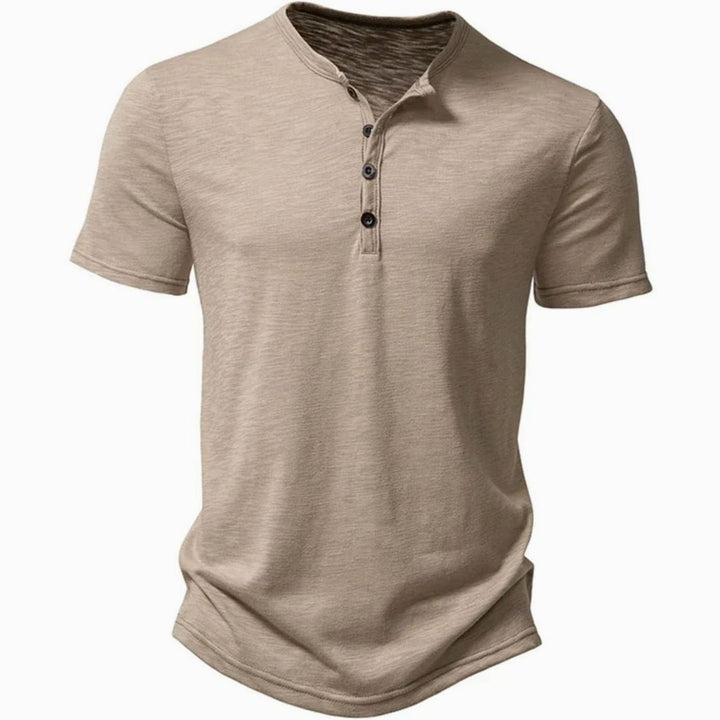 Men's Slim-Fit Short-Sleeve Henley Shirt Button Collar Tee - Khaki