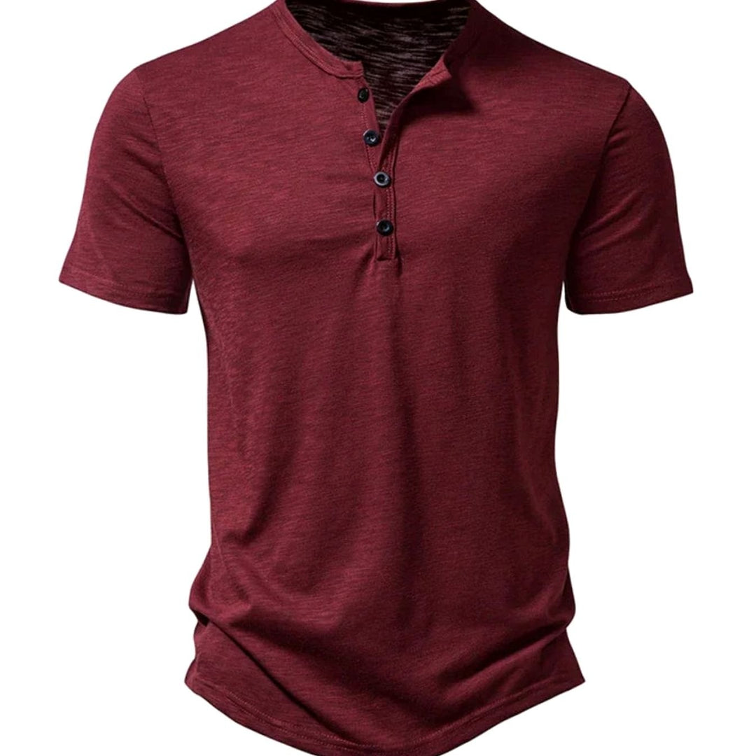 Men's Slim-Fit Short-Sleeve Henley Shirt Button Collar Tee - Wine Red