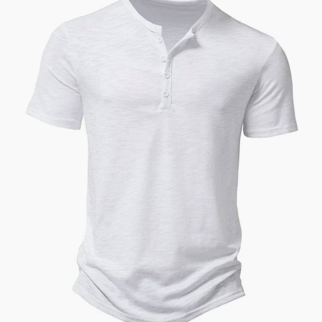 Men's Slim-Fit Short-Sleeve Henley Shirt Button Collar Tee - White