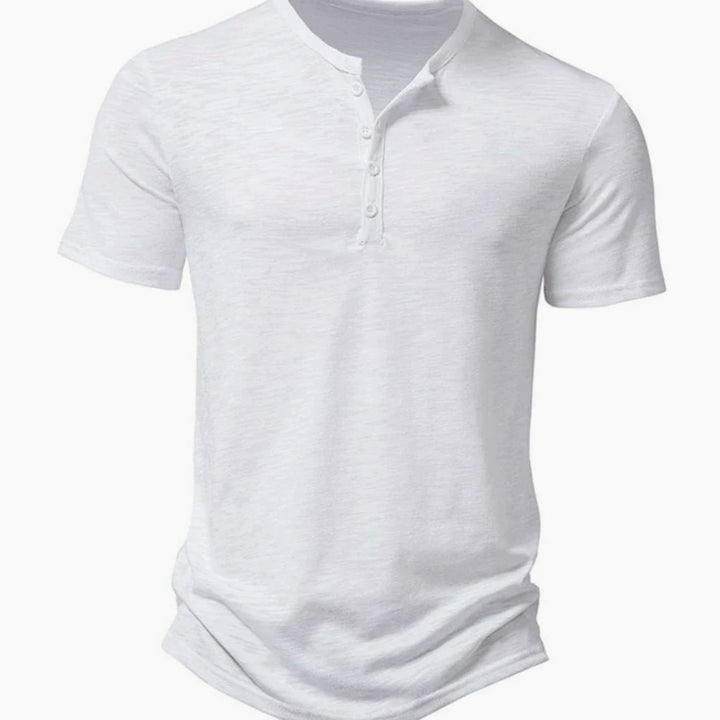 Men's Slim-Fit Short-Sleeve Henley Shirt Button Collar Tee - White