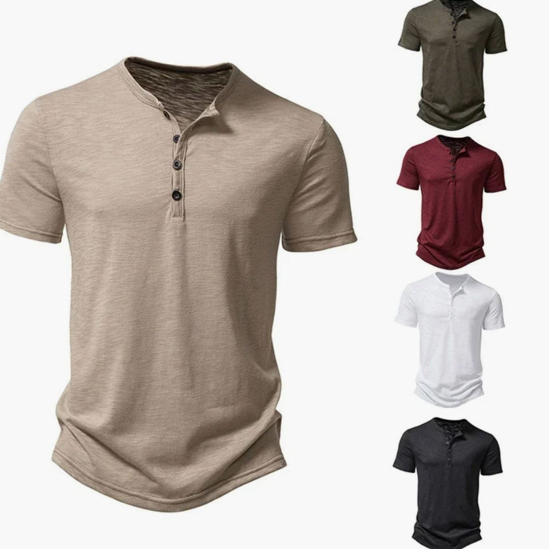 Men's Slim-Fit Short-Sleeve Henley Shirt Button Collar Tee