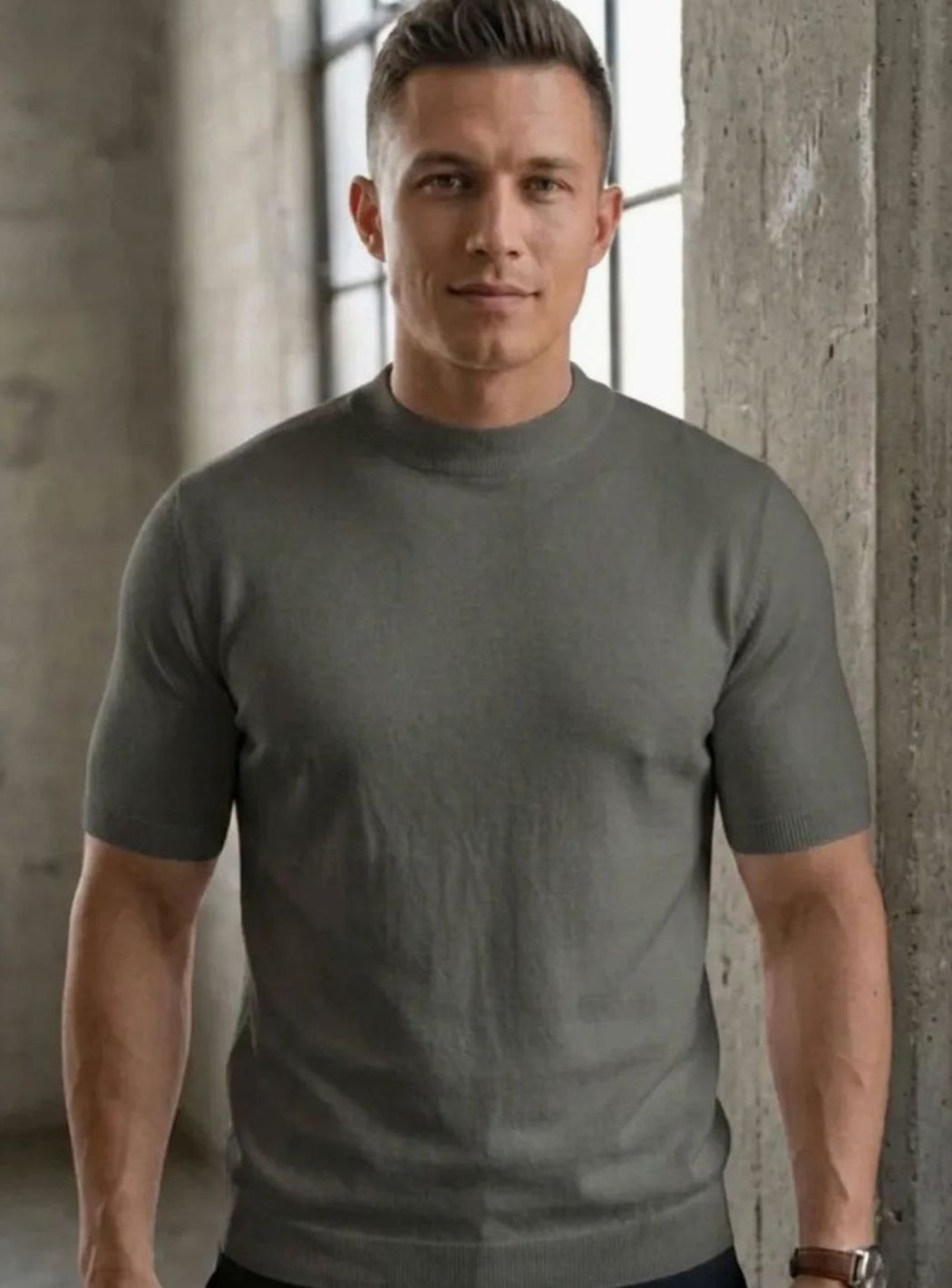 Men's Slim-Fit Short-Sleeve Knit Crew Neck T-Shirt - Gray