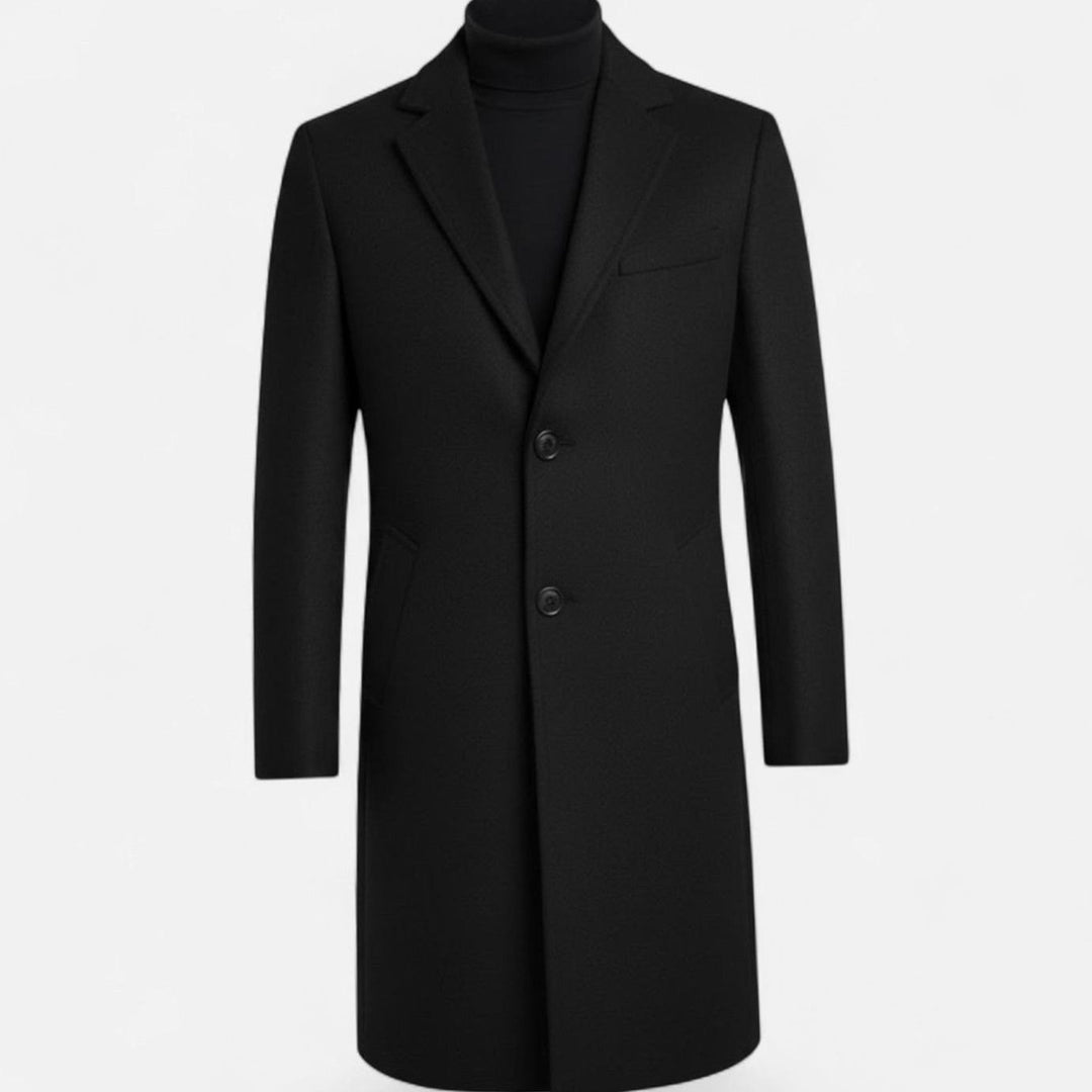 Men's Slim-Fit Single-Breasted Wool-Blend Mid-Length Overcoat - Black