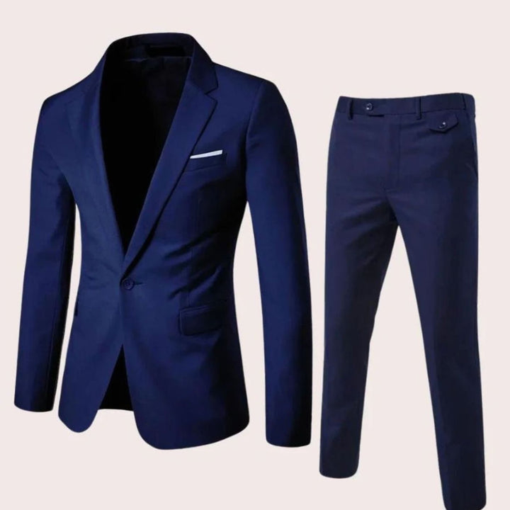 Men's Slim-Fit Single-Button Two-Piece Blazer Suit Set - Navy Blue
