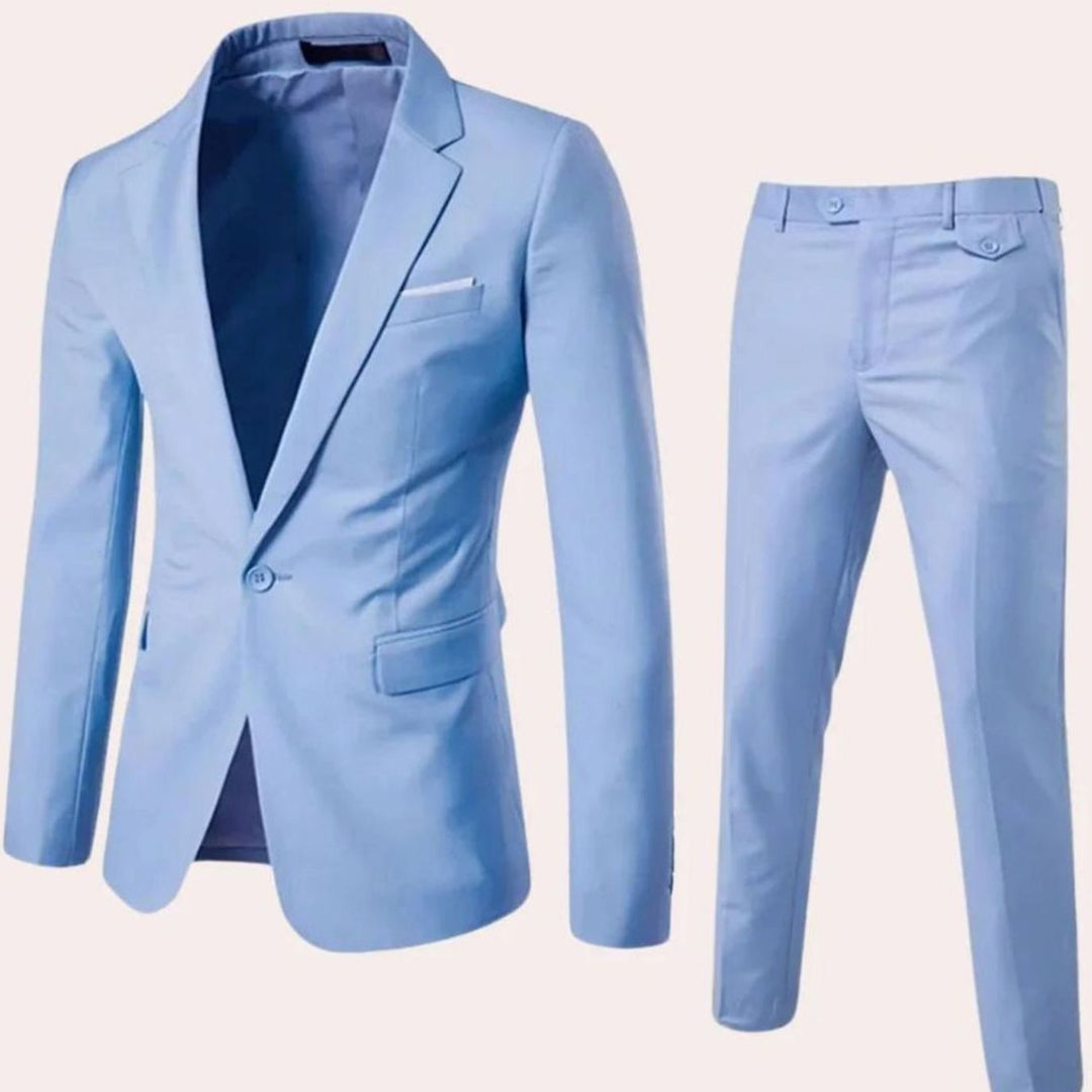 Men's Slim-Fit Single-Button Two-Piece Blazer Suit Set - Sky Blue