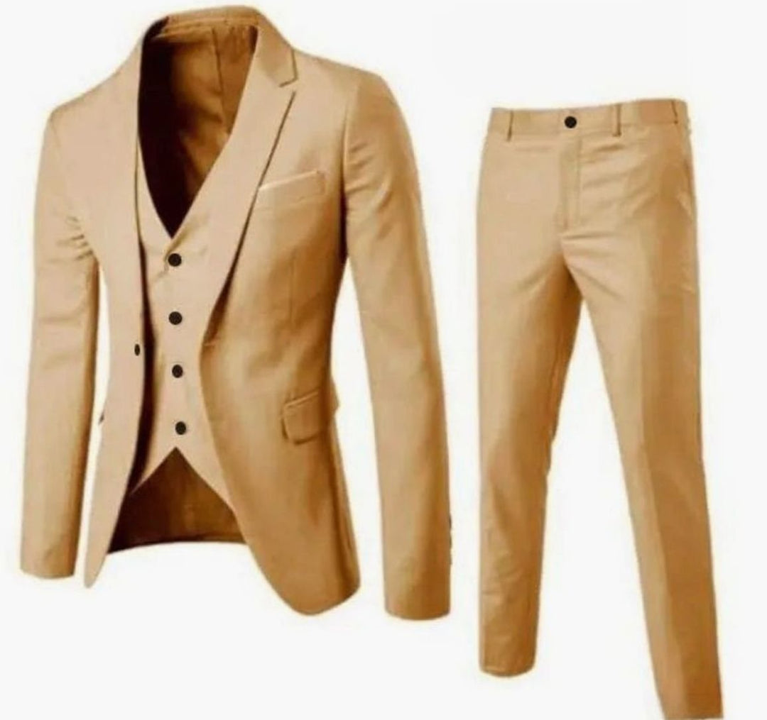 Men's Slim-Fit Single-Button Two-Piece Blazer Suit Set - Khaki