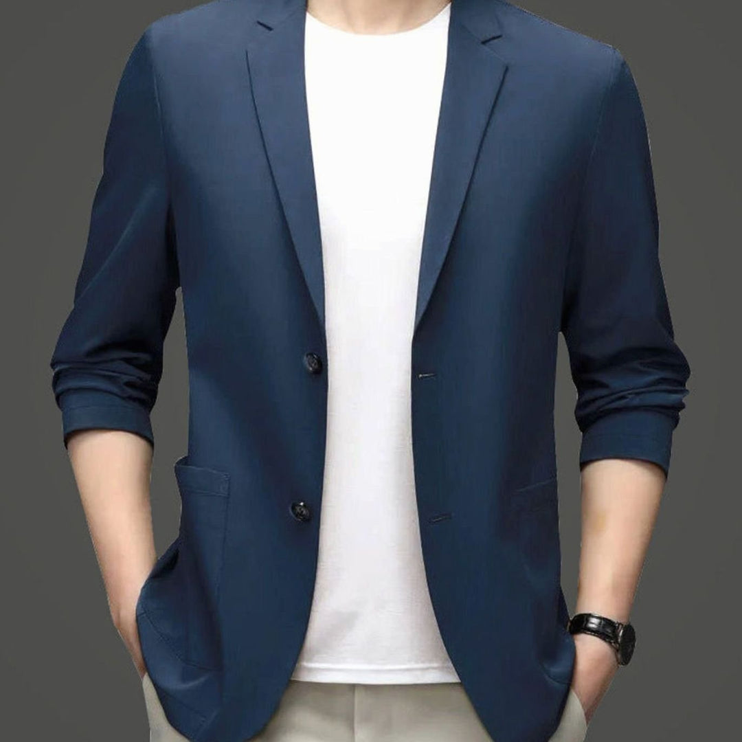 Men's Slim-Fit Two-Button Lightweight Elastic Blazer Jacket - Navy Blue