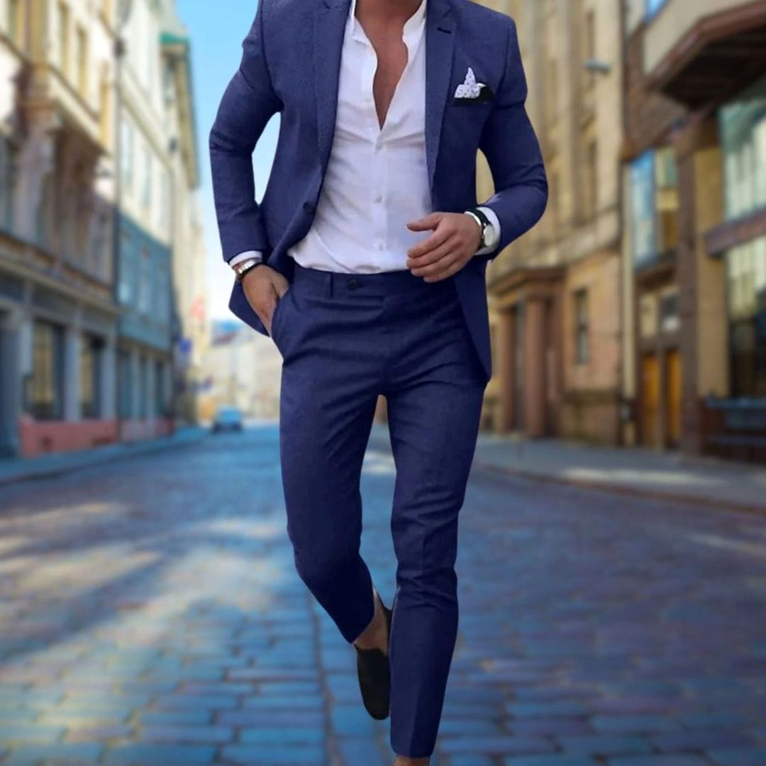 Men's Slim Fit Two-Piece Blazer Suit Set - Navy Blue