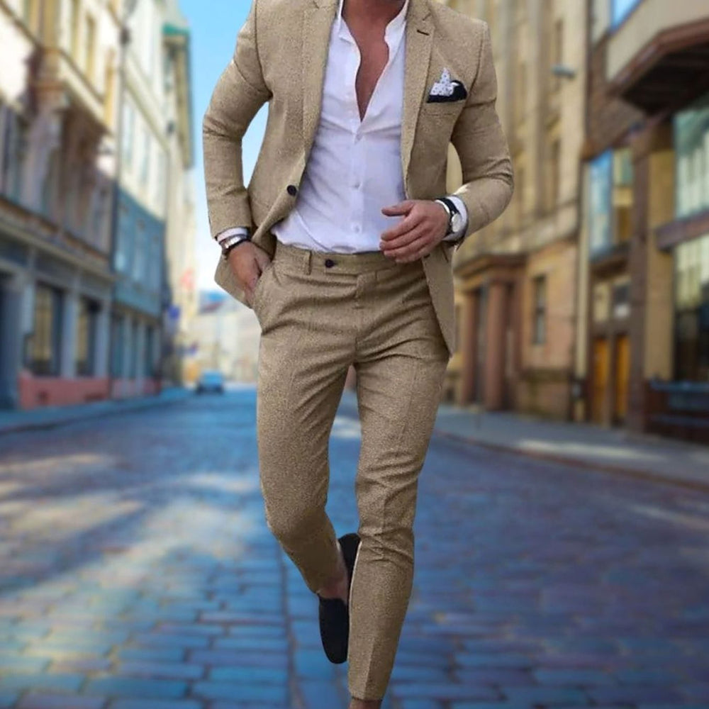 Men's Slim Fit Two-Piece Blazer Suit Set - Khaki