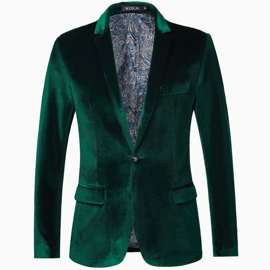 Men's Slim-Fit Velvet Blazer Single-Button Tuxedo Jacket - Green