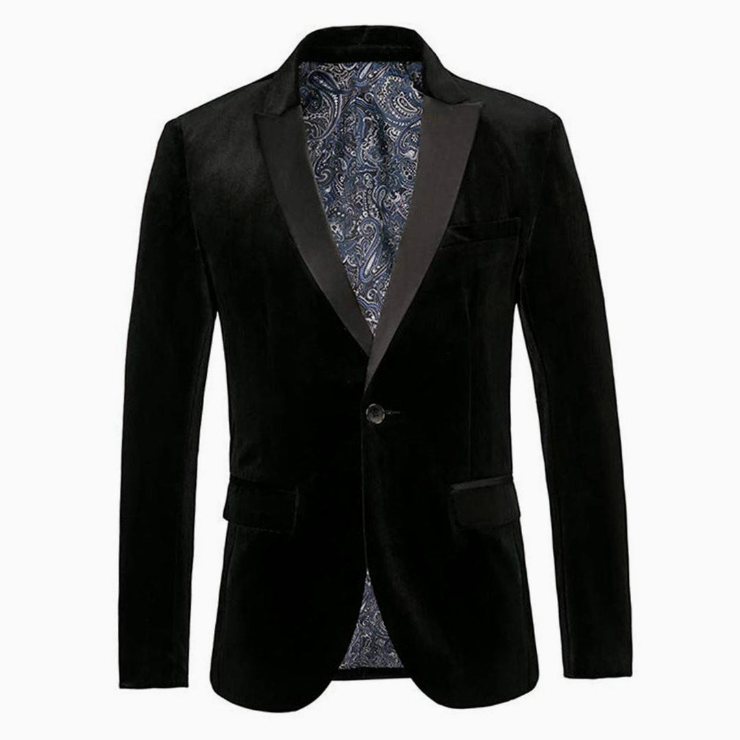 Men's Slim-Fit Velvet Blazer Single-Button Tuxedo Jacket - Black