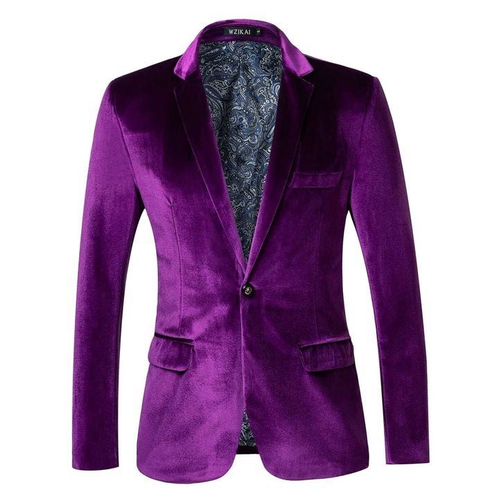 Men's Slim-Fit Velvet Blazer Single-Button Tuxedo Jacket - Purple