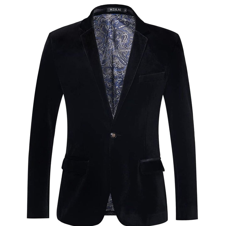 Men's Slim-Fit Velvet Blazer Single-Button Tuxedo Jacket - Black
