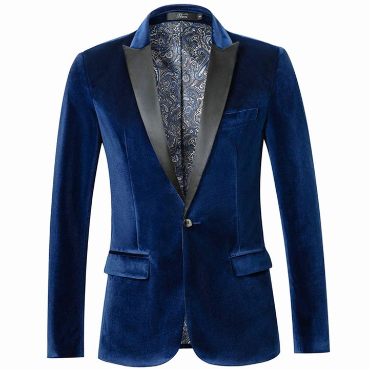 Men's Slim-Fit Velvet Blazer Single-Button Tuxedo Jacket - Blue