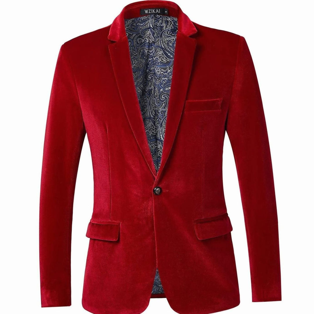 Men's Slim-Fit Velvet Blazer Single-Button Tuxedo Jacket - Red