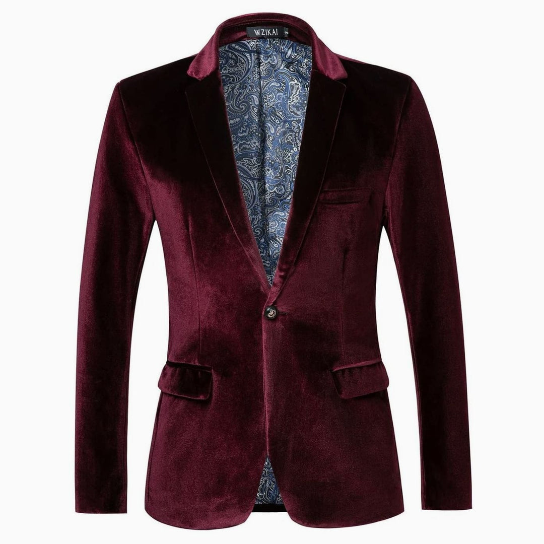 Men's Slim-Fit Velvet Blazer Single-Button Tuxedo Jacket - Wine Red