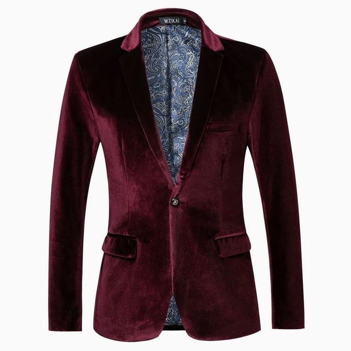 Men's Slim-Fit Velvet Blazer Single-Button Tuxedo Jacket - Wine Red