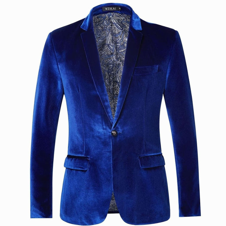 Men's Slim-Fit Velvet Blazer Single-Button Tuxedo Jacket - Blue