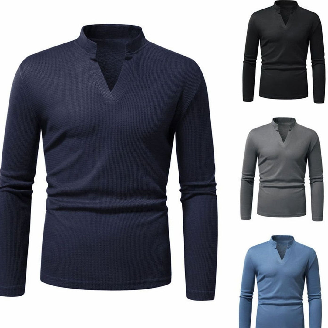 Men's Slim-Fit Waffle-Knit Thermal Long-Sleeve V-Neck Shirt, Navy Blue