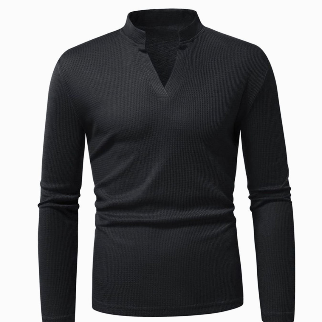 Men's Slim-Fit Waffle-Knit Thermal Long-Sleeve V-Neck Shirt, Navy Blue