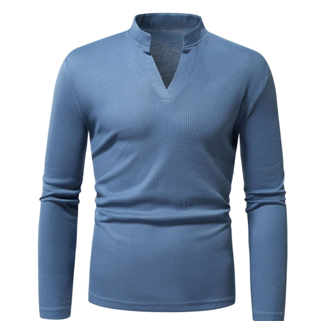 Men's Slim-Fit Waffle-Knit Thermal Long-Sleeve V-Neck Shirt, Navy Blue