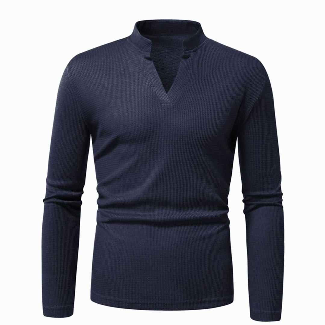 Men's Slim-Fit Waffle-Knit Thermal Long-Sleeve V-Neck Shirt, Navy Blue